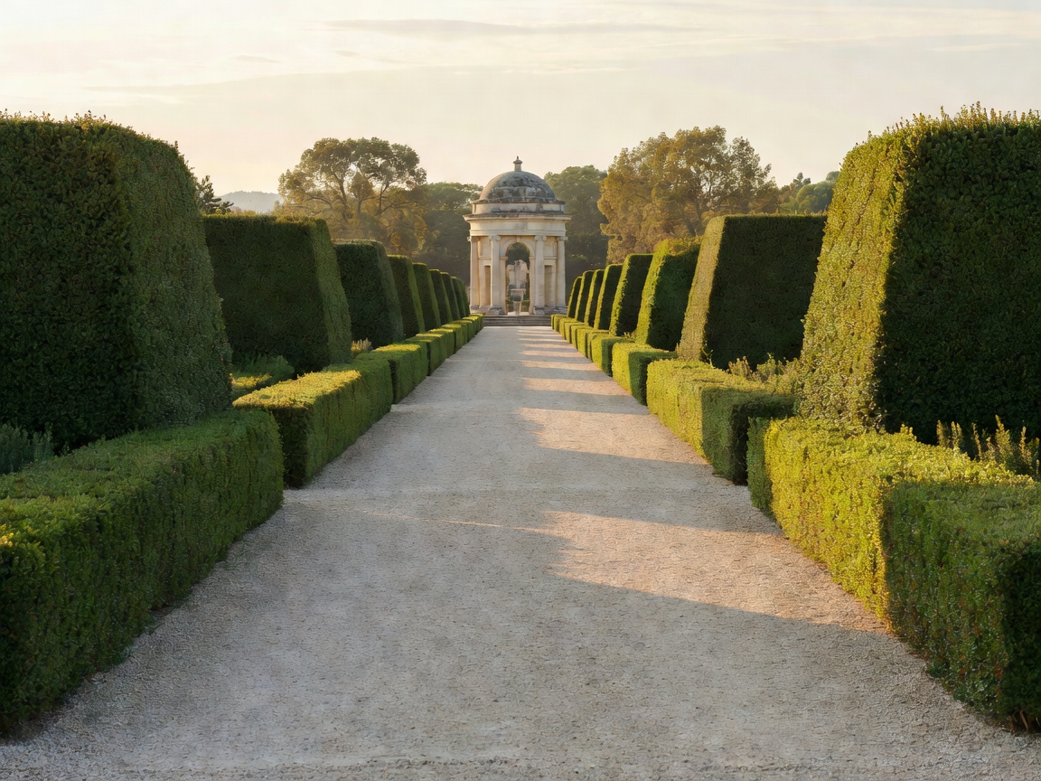Axial European garden with clipped hedges, a central path and a distant focal point