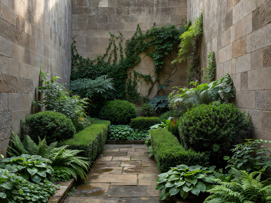 Compact enclosed courtyard framed by architectural walls and layered planting