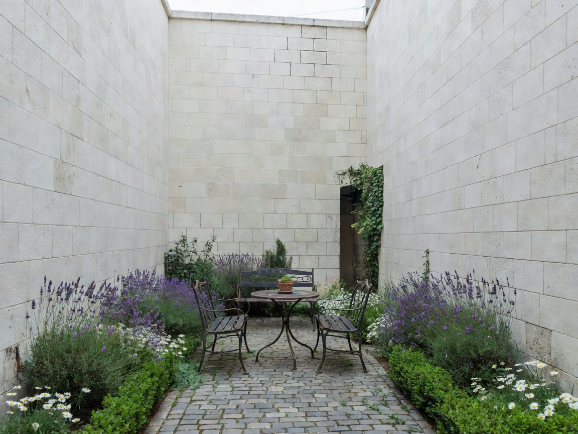 Enclosed urban courtyard with pale masonry walls, planted borders and a compact seating area