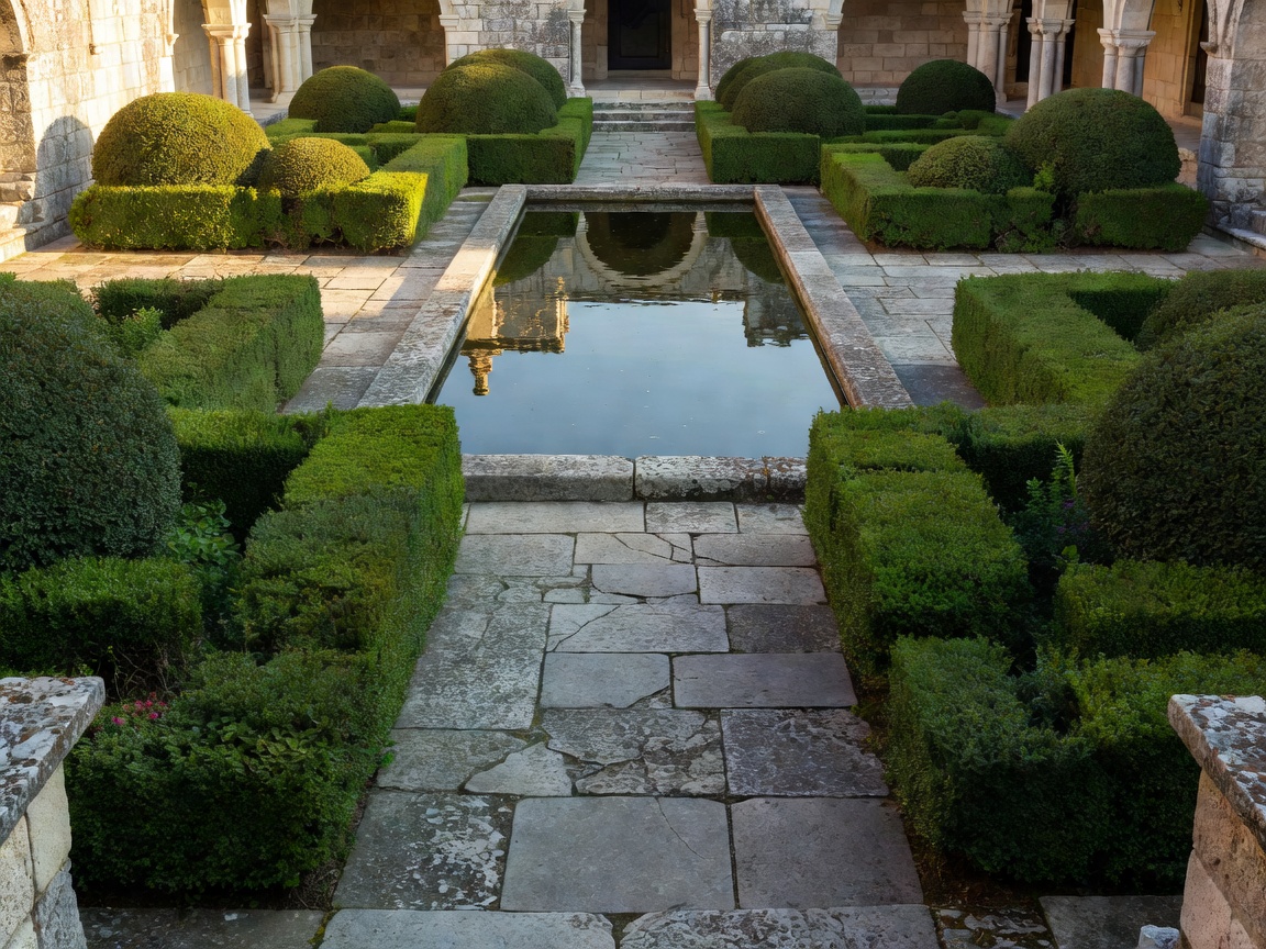 Formal garden courtyard with stone paving, clipped planting and a reflecting pool