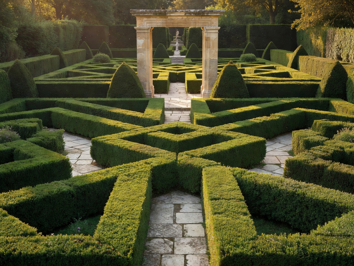 Geometric formal garden with clipped hedges, stone paths and a framed central view