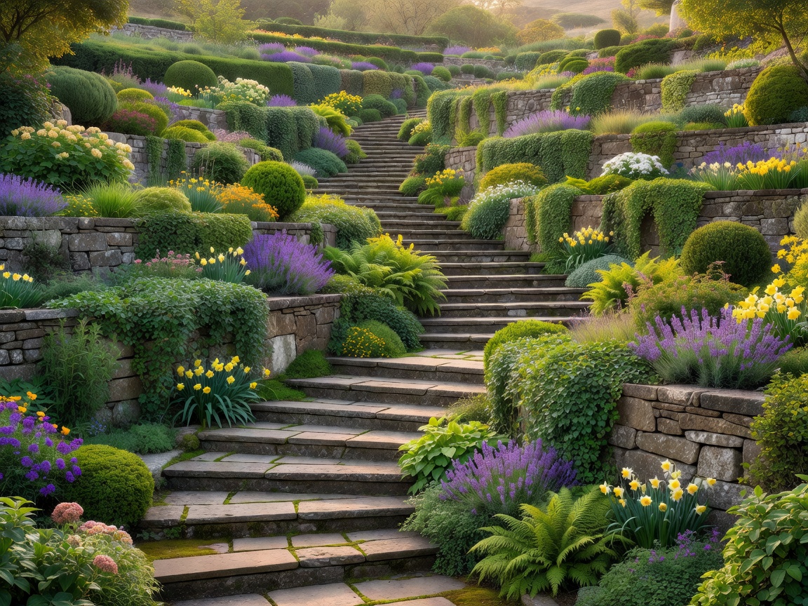Layered garden terraces connected by broad stone steps and planted retaining edges