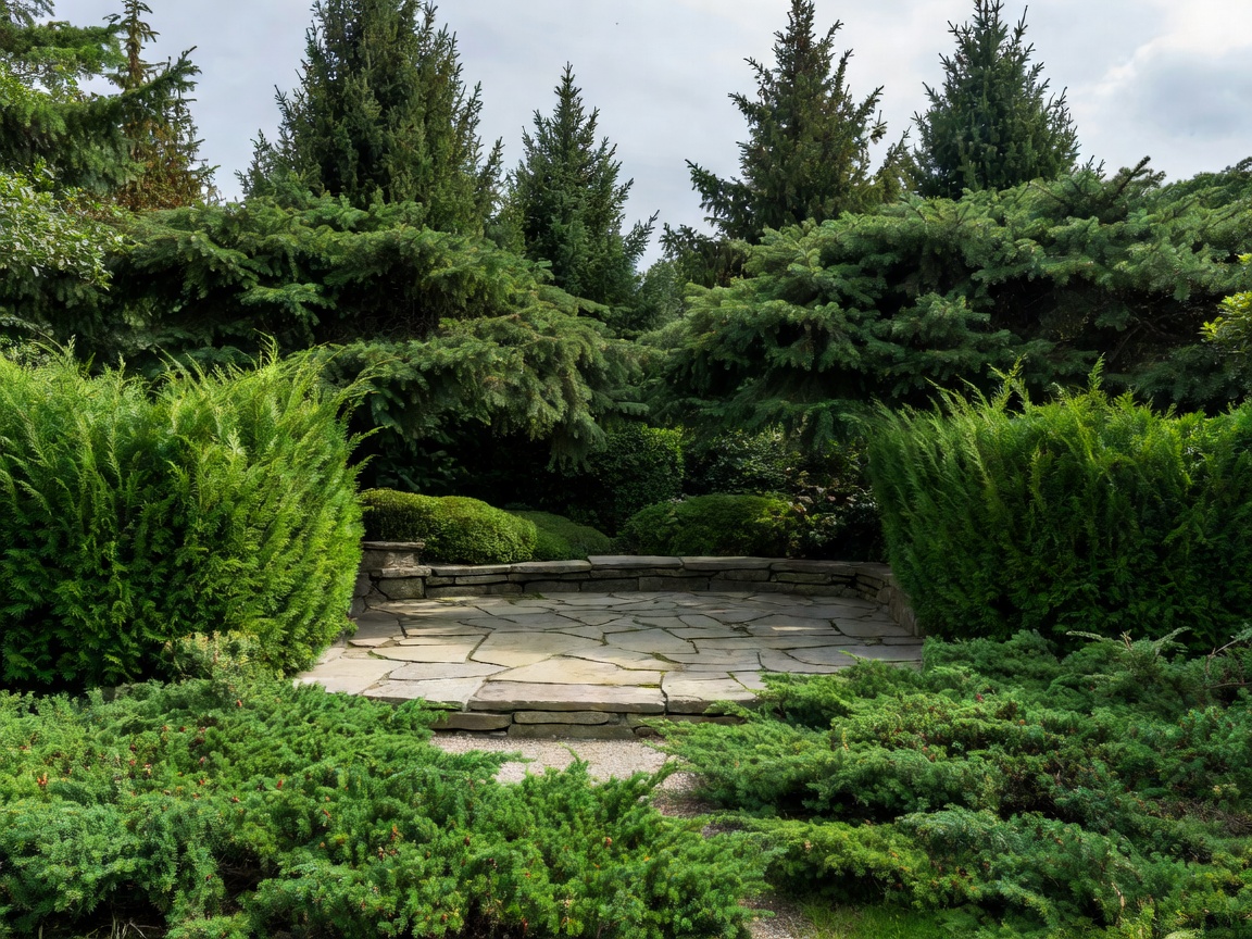Private garden composition with a stone seating terrace and layered evergreen planting