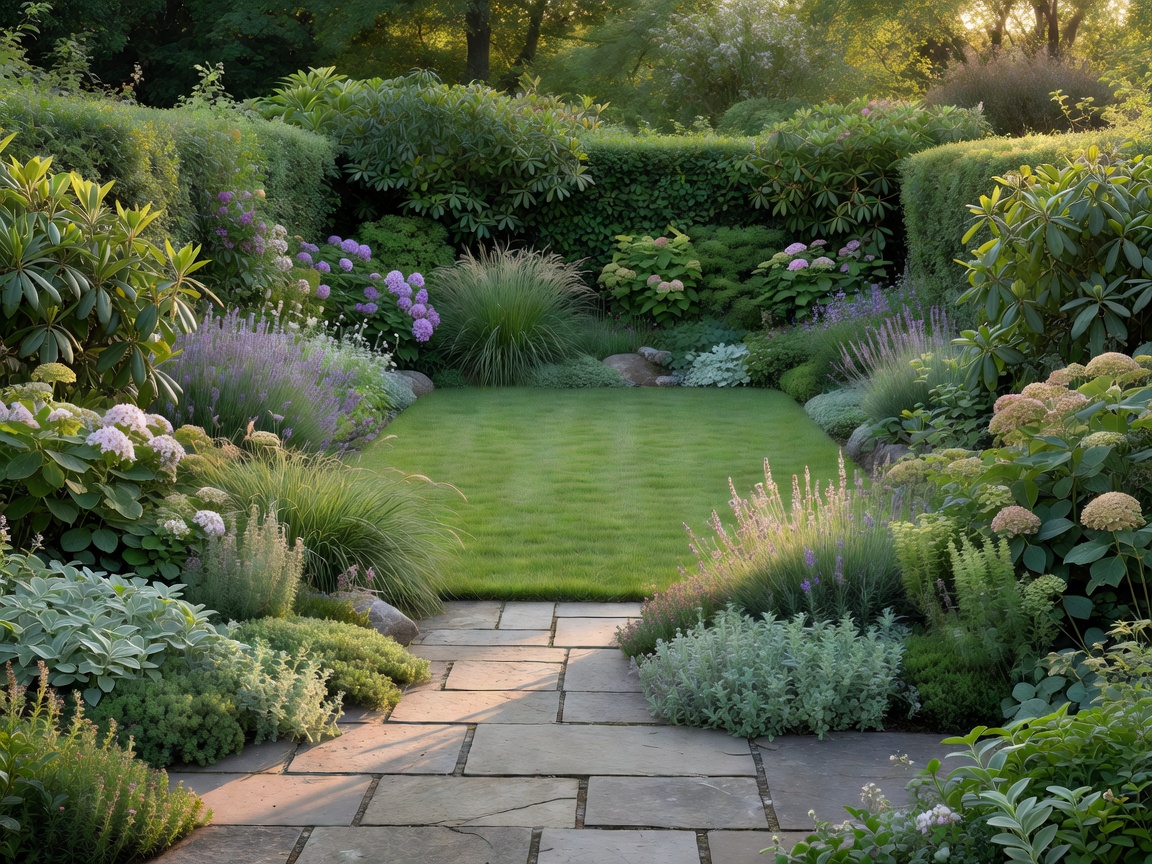 Private garden with a stone terrace, layered planting and a quiet lawn room