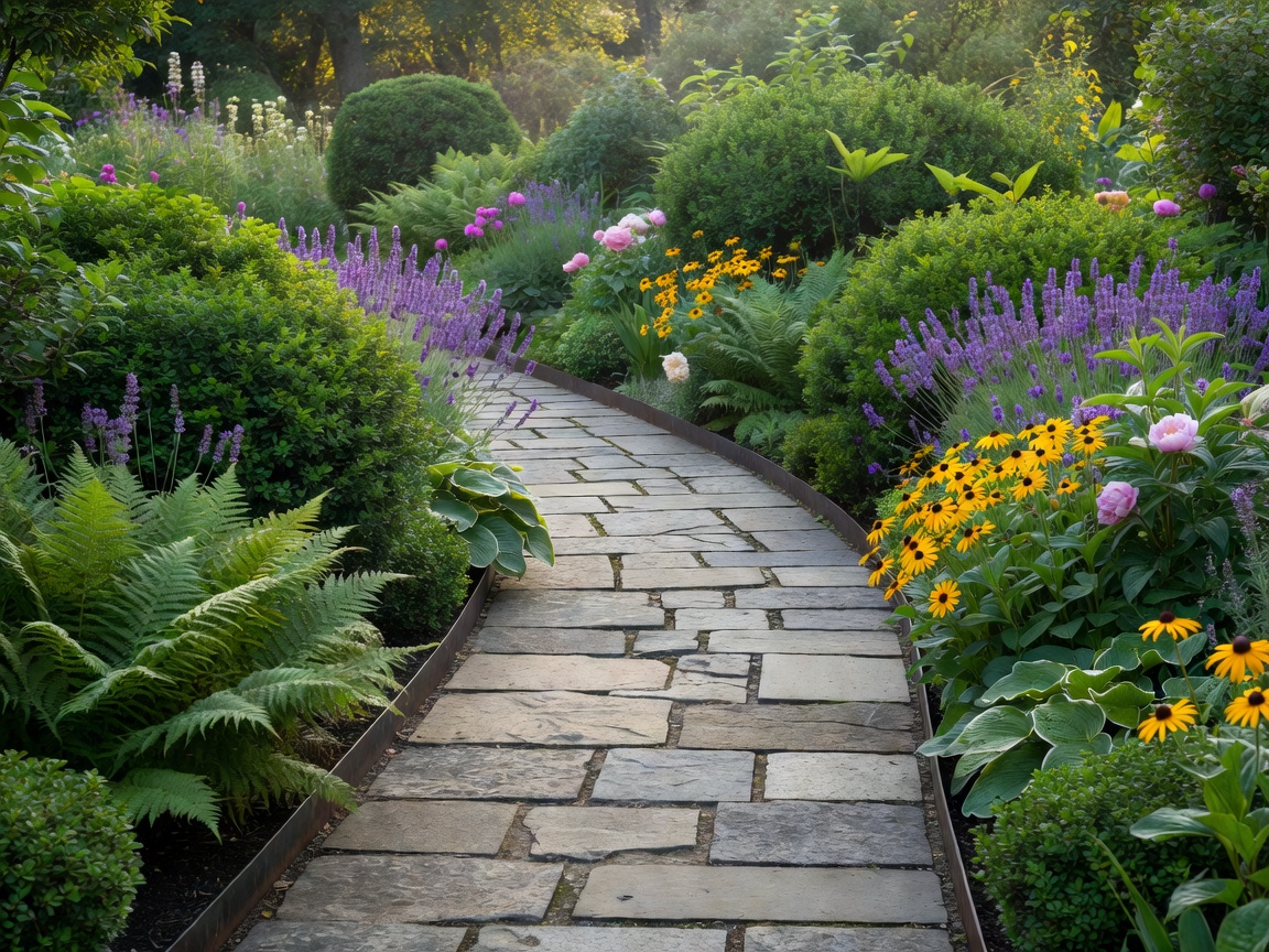 Stone garden path bordered by layered shrubs, perennials and a metal edge