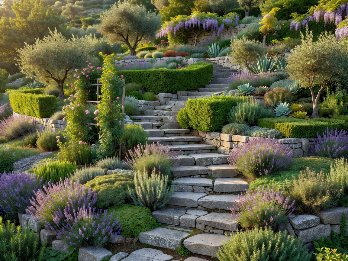 Stone garden stairs connecting planted terraces on a sloping landscape