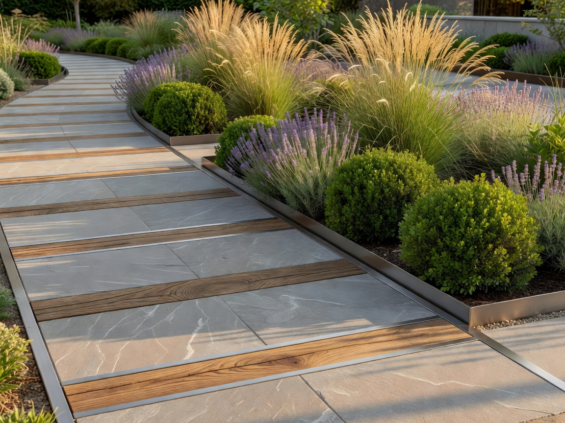 Structured planting beside a contemporary garden path in stone, timber and metal